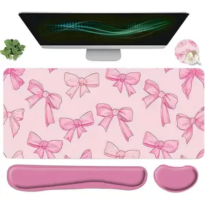 Cute Bowknot Pattern Mouse Pad & Keyboard Wrist Rest & Coasters Set (4pcs/set), Ergonomic Wrist Support, Gaming Mouse Pads, Computer Mat Mouse Pad Coasters for Home Office Gaming