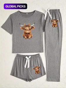 Cartoon Highland Cow Print Women's Pajama Sets, Matching Pyjamas, Casual All Seasons Nightwear, Fitted Knitted Fabric Sleepwear Loungewear Pyjamas