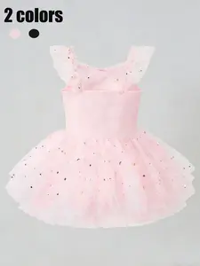 Young Girls' Sleeveless Ballet Dress, Square Neck Design, Mesh Patchwork, Cute Bow Back, Soft Comfortable Fabric, Perfect for Performances and Daily Wear, Spring Dresses