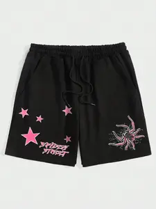 Men's Loose Shorts, Star & Spider Print, Millennium Punk Street Style, Drawstring Waist, Soft Fabric, Summer Casual Wear, Athletic Shorts Casual