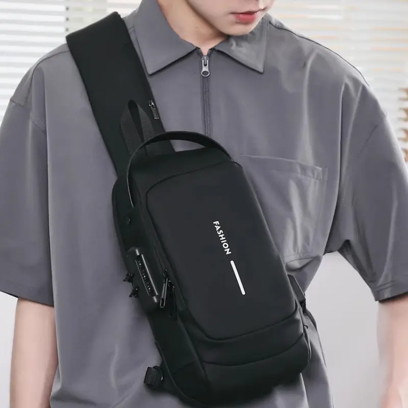 Men's Crossbody Bum Bag, Chic Waterproof Skull Design Canvas & Leather Pack with Anti-Theft Lock and USB Charging for Travel, Foldable, Holiday, Basic, Casual, Hand Wash Only, Built-In Usb Charging, Cold Wash, High-Capacity, Korean, Lightweight, Minimalis