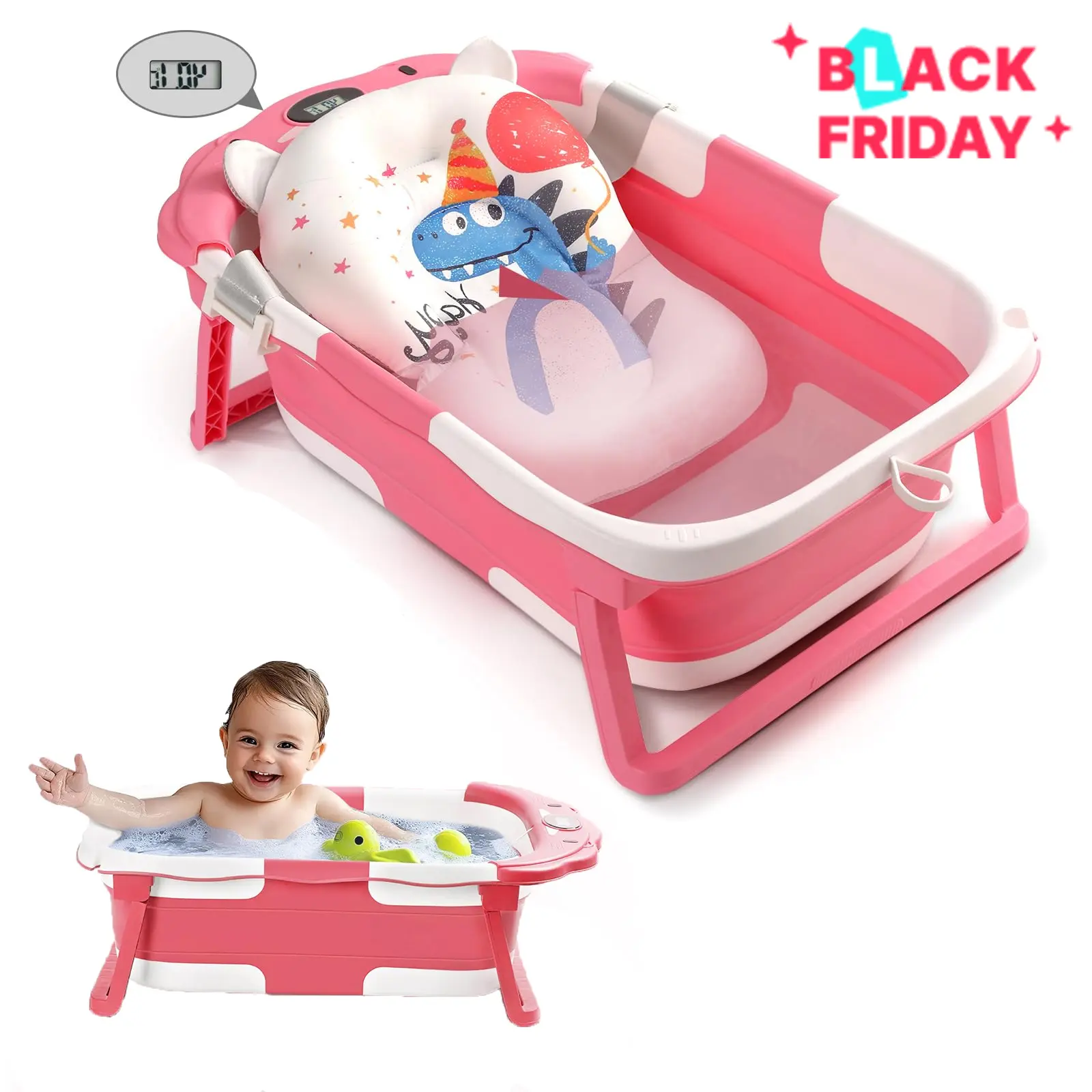 Collapsible Baby Bathtub, Baby Bath Tub for Newborn to Toddler with Temp Monitor,0-36 Months Baby Bath Essentials, Pink