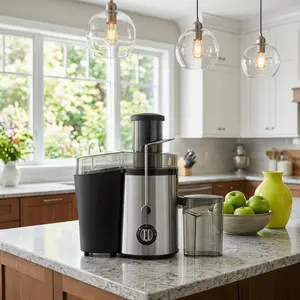 3-inch wide feed opening centrifugal juicer, dual speed settings, stainless steel construction, maximum juice extraction, easy to clean — fresh juice, doubled speed