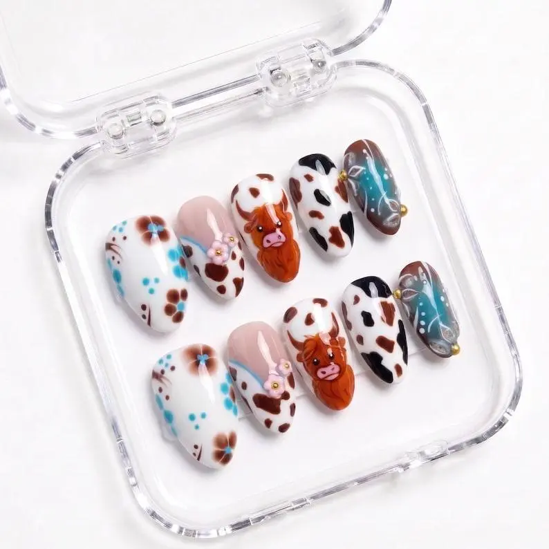 Highland Cow Press On Nails Cow Print Floral Acrylic Handmade Fake Nails Western Cottagecore Style for Fall Holiday Gift
