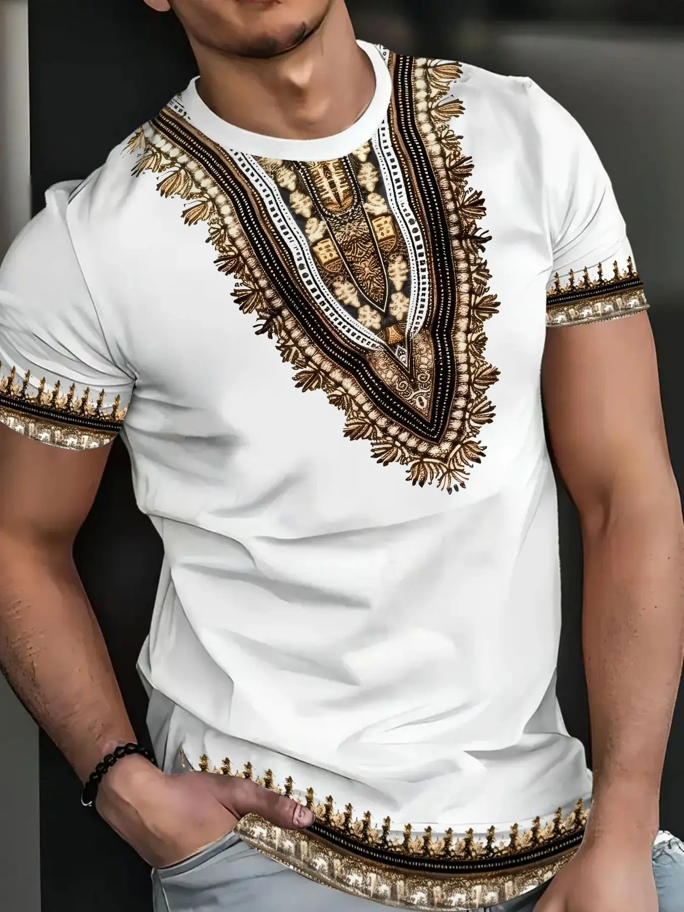 Stylish Retro Printed White T-Shirt. A casual retro men's crew neck short-sleeved Fitted T-shirt featuring a geometric graphic print design and comfortable wear. Streetwear