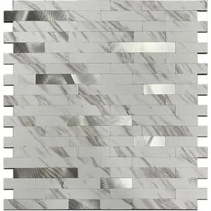 10-Sheet Peel and Stick Backsplash Tiles,Faux PVC White Marble Stickers,Wall Panels for, Bedroom, Laundry Room (10, Faux Marbled White+Silver)