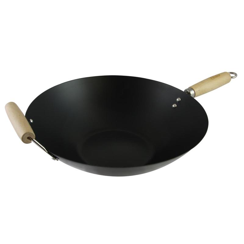 Oster 92470.01 Findley 13.7 in. Carbon Steel Round Wok - Lightweight PFOA-Free Nonstick Skillet, Heat-Proof Heat-Conducting Pans & Woks, Induction-Powered, Wooden Handle for Healthy Cooking & Maximum Nutrients Retention (4 lbs)