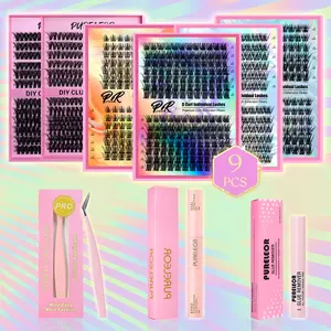 PURELEOR Cluster Lashes Kit DIY at Home False Eyelashes Individual Lash Clusters 10-16mm D-Curl Eyelash Extensions Volume Cat Manga Eyes Style Natural Look Soft Gift for Valentine's Day Lover