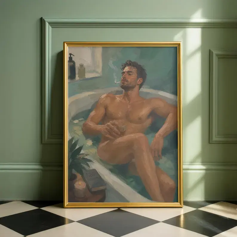 (unframed) Poster Gay Wall Art Print, Male Figure Painting Poster, Sensual Masculine Art, Queer Aesthetic Decor, Bathroom Art Print, Retro Gay Art