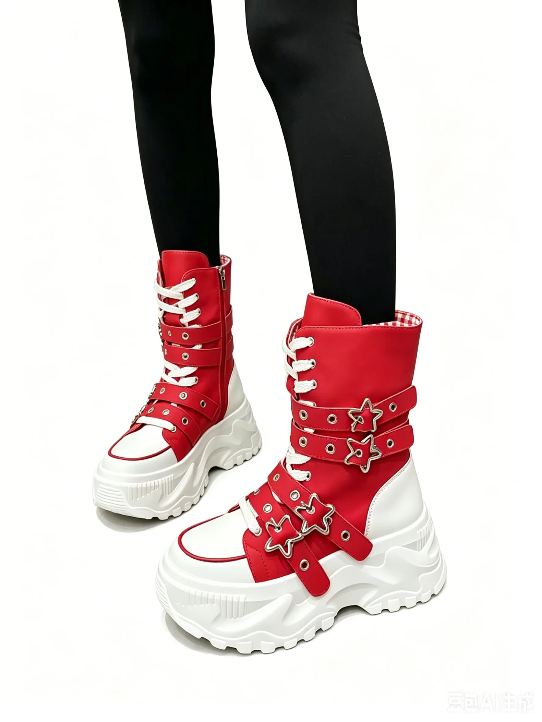 Women's Leather Chunky Platform Ankle Boots, Lace-Up Combat Style Footwear with Buckle Detail and Waterproof EVA Sole for Casual Walking, Walking Shoes, Casual Wear, Round Toe, Leather Upper, Laces