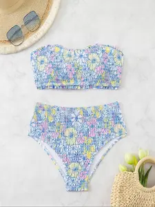 Women's Floral Print Bikini Set, Casual Frill Trim Shirred Bandeau Swim Bra & High Waist Swim Panty, Swimsuit for Beach Holiday Vacation, Flower Print Bikini
