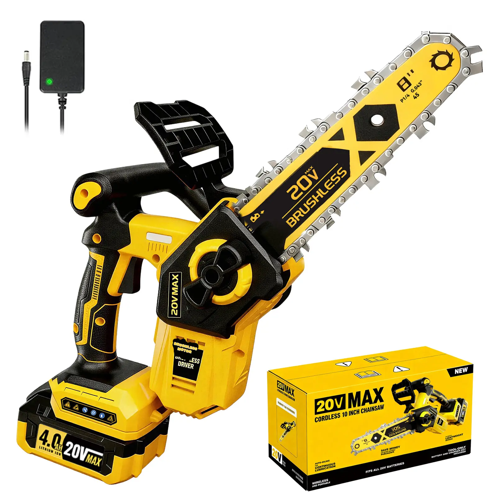 2026 Upgraded Wireless Brushless 8-Inch Chainsaw, compatible with Dewalt 20V MAX Battery, equipped with a lubrication system and chain brake, battery-powered, suitable for cutting wood and garden trimming.