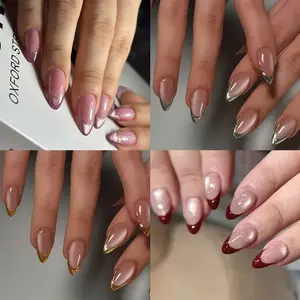 96pcs Nude Gradient French Nail Tips, Long Almond Shape, Gold Line & Silver Color Edges, Sweet and Cool Style, Nail Tips Kit, Nail Extensions