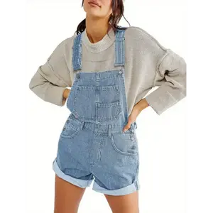 Women Denim Bib Overalls Adjustable Straps Pocket Romper Shorts Casual Rolled Cuff Shortalls