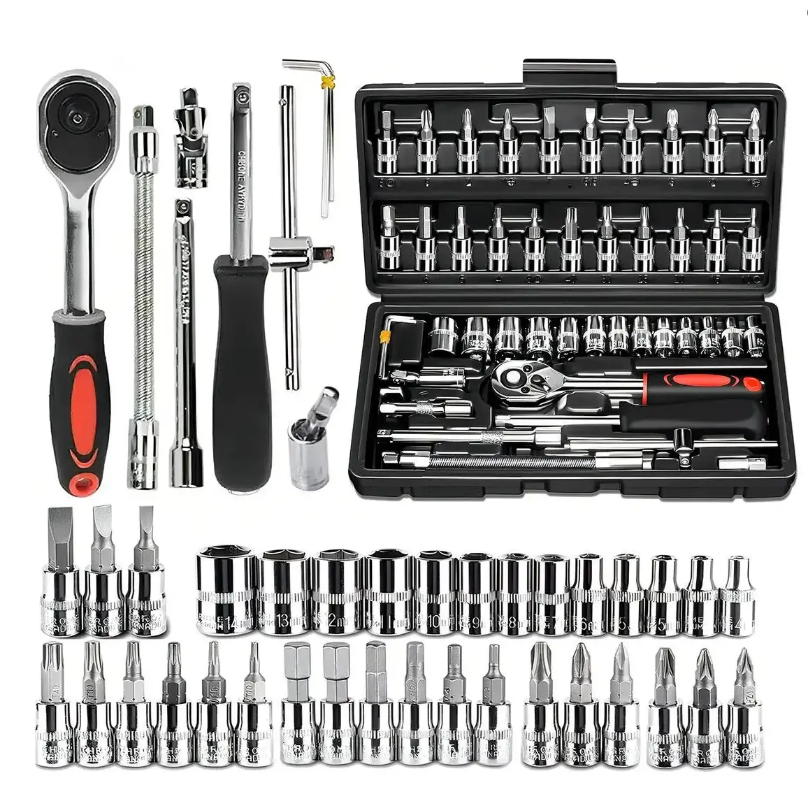 High-Quality Metal 46-Piece Inch Drive Socket Ratchet Wrench Tool Kit Set - Auto Repair Tools with Ratchet Wrench, Adapter, Universal Joint for Car Repair, Automotive Mechanic, Father’s Day Gift
