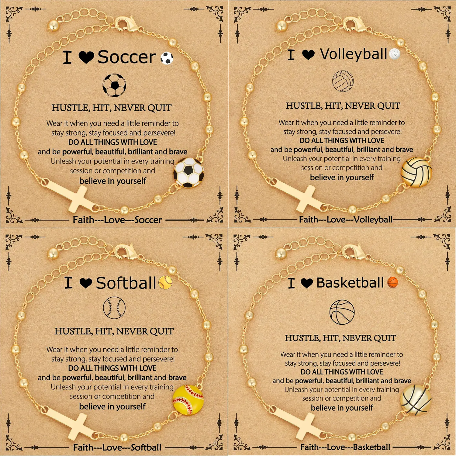 Softball/Volleyball/Soccer/Basketball Bracelet for Girls Women, Golden Plated Cross Link Chain Sport Accessories Birthday Christmas Christian Jewelry Gifts for Teens Team Coach Players