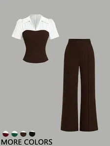 This Two-Piece Set is Powerful Office Lady Vibes  Striped Collar Fitted Top & Wide Leg Pants Set