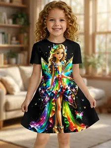 Girls Summer Rainbow Butterfly Fairy Print Dress, Kids Dreamy Elf Crew Neck Short Sleeve A-Line Dress
