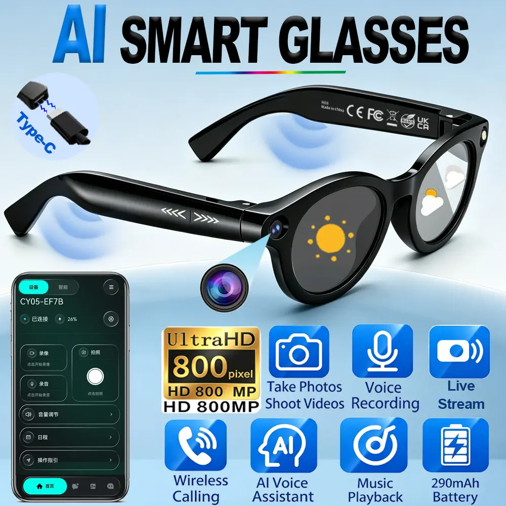 CY05 AI Smart Glasses, Hands-Free HD Video Shooting & Photography, POV Live Stream Support, Instant Real-Time Translation, Built-In AI Assistant Glasses