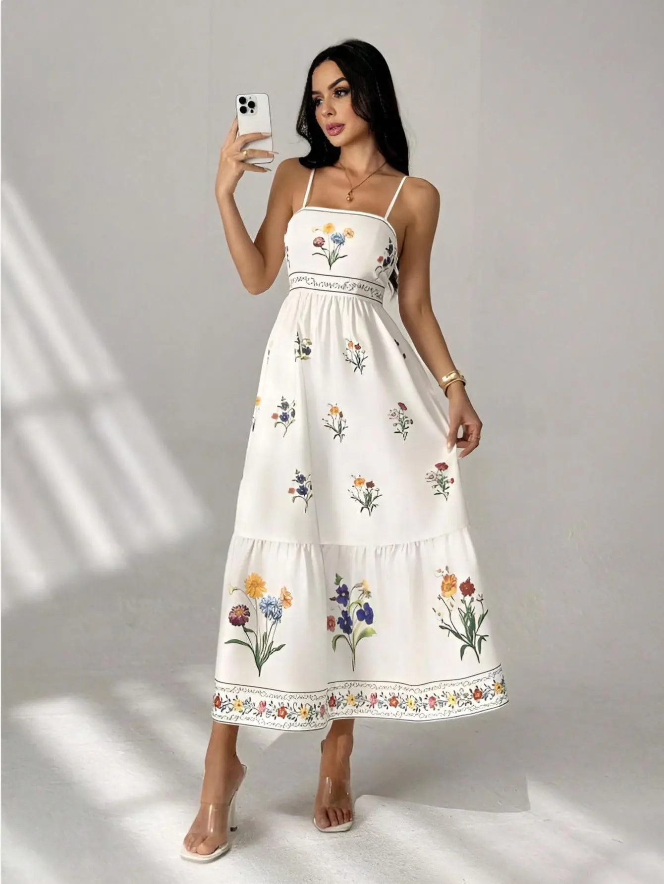 MISSORD Women's Polyester Vintage Square Neck Spaghetti Strap Adjustable Floral Boho Casual Dress - Elegant Summer Vacation Womenswear, Ruffle
