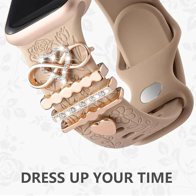 DIY Floral Watch Band with Charms, Cute Decorative Silicone Replacement Strap with Rhinestone Accessories, Fashion Wristband Compatible with Apple Watch Series 11/10/9/8/7/6/SE/Ultra 38mm-49mm