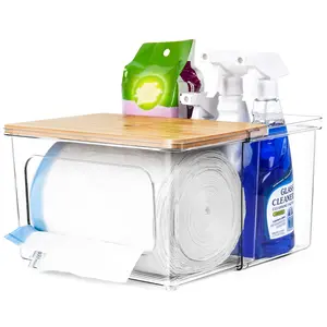 Trash Bag Dispenser Holder - 2 in 1 Clear Acrylic Plastic Garbage Bags Container With Bamboo Lid Storage Box for Kitchen Pantry Laundry Room Organization, Large Trash Bag Organizer Under Sink