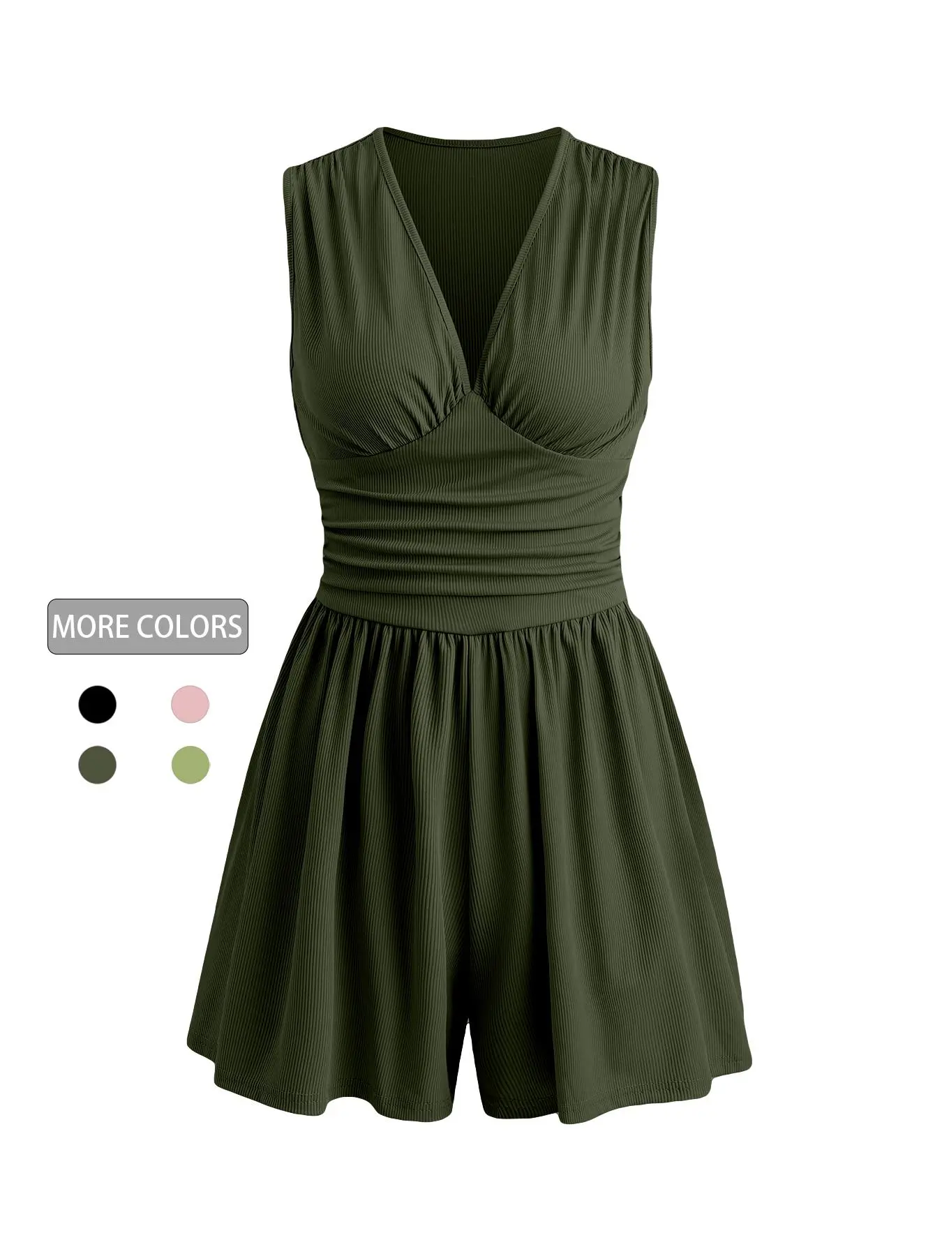 1 Spring Summer V Neck Sleeveless Romper Women | Knit Ribbed Ruched Waist Wide Leg Short Jumpsuit | Casual Chic Style Stretchy Comfy Outfit for Daily Vacation Beach Wear