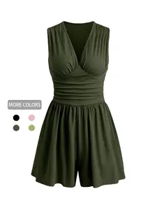 Valentine's Day Women's Plain Ruched Deep V Neck Tank Romper, Elegant Sleeveless Romper For Summer, Fashion Casual Ladies Clothes For Daily Wear