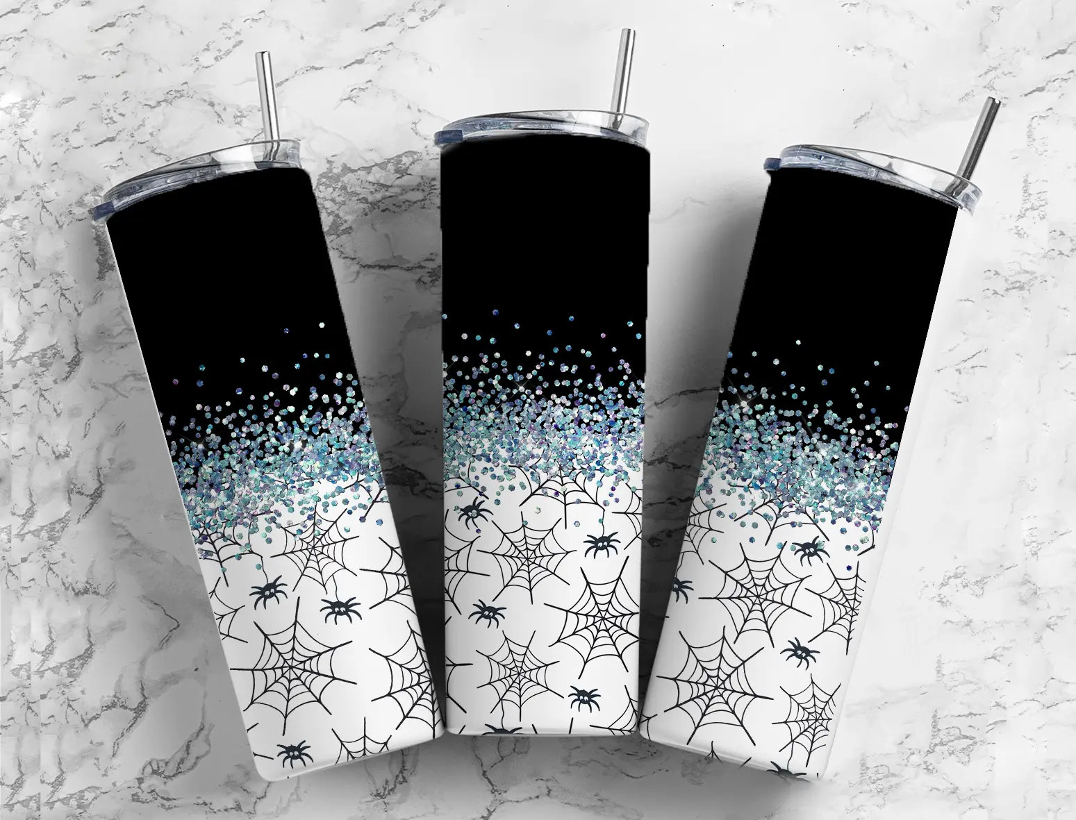 Glitter Black Spider Webs Halloween Stainless Steel Tumbler