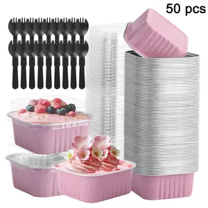 Square Cake Pans, 50-Pack of Mini Square Baking Pans, with Lids and Spoons, Ramekins, Aluminum Foil Baking Cups, Individual Cake Containers, Perfect for Anniversaries, Birthdays, Thanksgiving, and Holiday Gatherings, Baking Supplies.