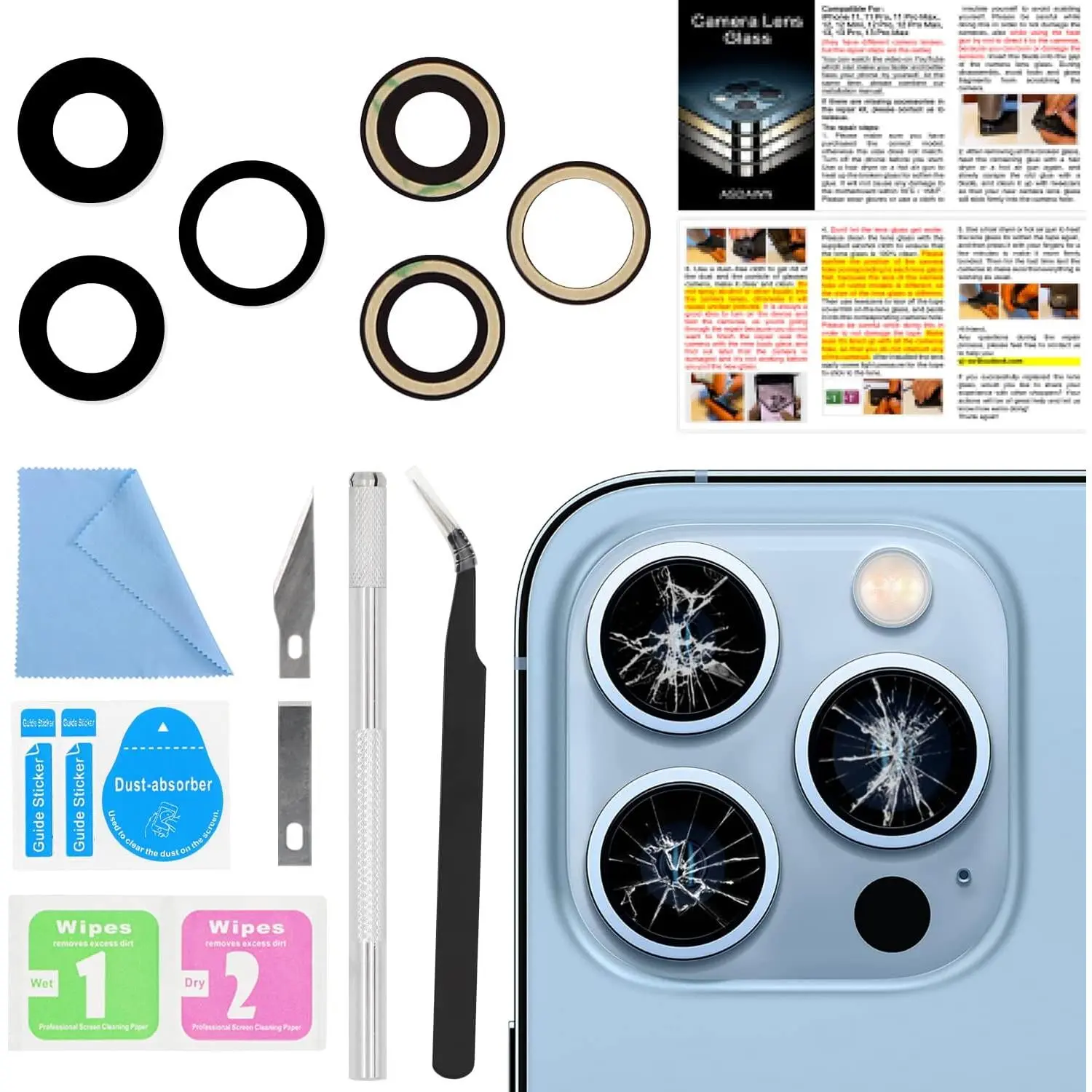 Precise Rear Glass Lens Replacement Set for iPhone 13 Pro, 13 Pro Max Smartphone/Cellphone - Double-Sides Pre-Installed Adhesive, Installation Manual, Repair Tool Kit, 1-Year Support for DIY Users