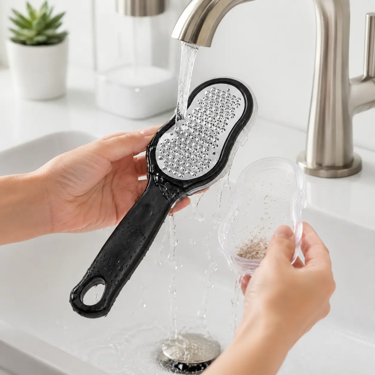 1 Piece Stainless Steel Painless Foot File Callus Remover with Handle and Splash Guard, Professional Spa Pedicure Tool, Ideal Foot Care Gift for Cracked Heels and Diabetic Foot Care