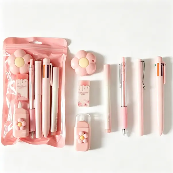 7 Pcs Cute Pink Stationery Set Kawaii School Supplies Office Supplies Including Ballpoint Pens Pencil Sharpener Highlighter Correction Tape Ruler Utility Knife