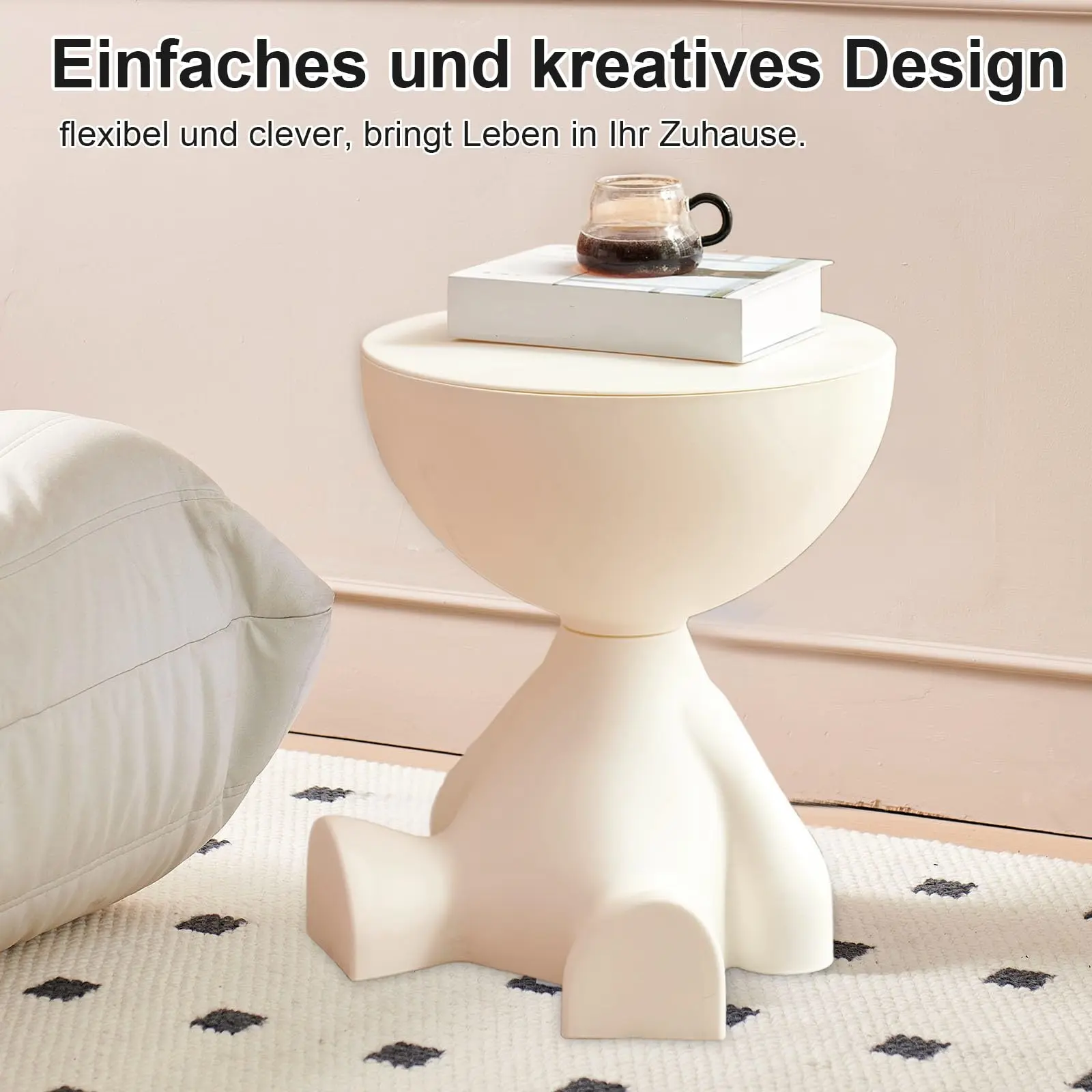 Mini Circle Side Table, Small Modern End Table, Bowl-Shaped Coffee Table, Bedside Nightstand, Contemporary Home Decor for Living Room and Bedroom (Milky White)