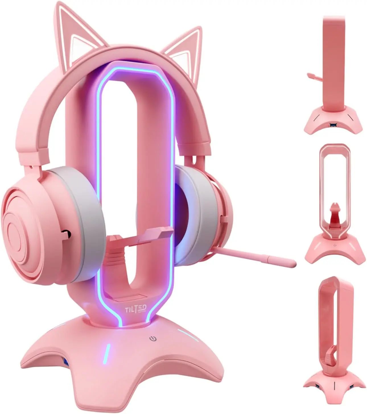 Tilted Nation Cute Headphone Stand Pink | Headset Stand with RGB, Mouse Bungee Holder, and 2 Port USB Hub Charger - Desk Gaming Accessories