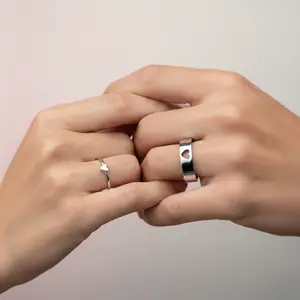 Matching Couple Heart Rings Set "I Love You" Engraving Adjustable Sizes Polished White Copper Solid His Hollow Romantic Gift for Christmas Valentine's Anniversary Daily Jewelry