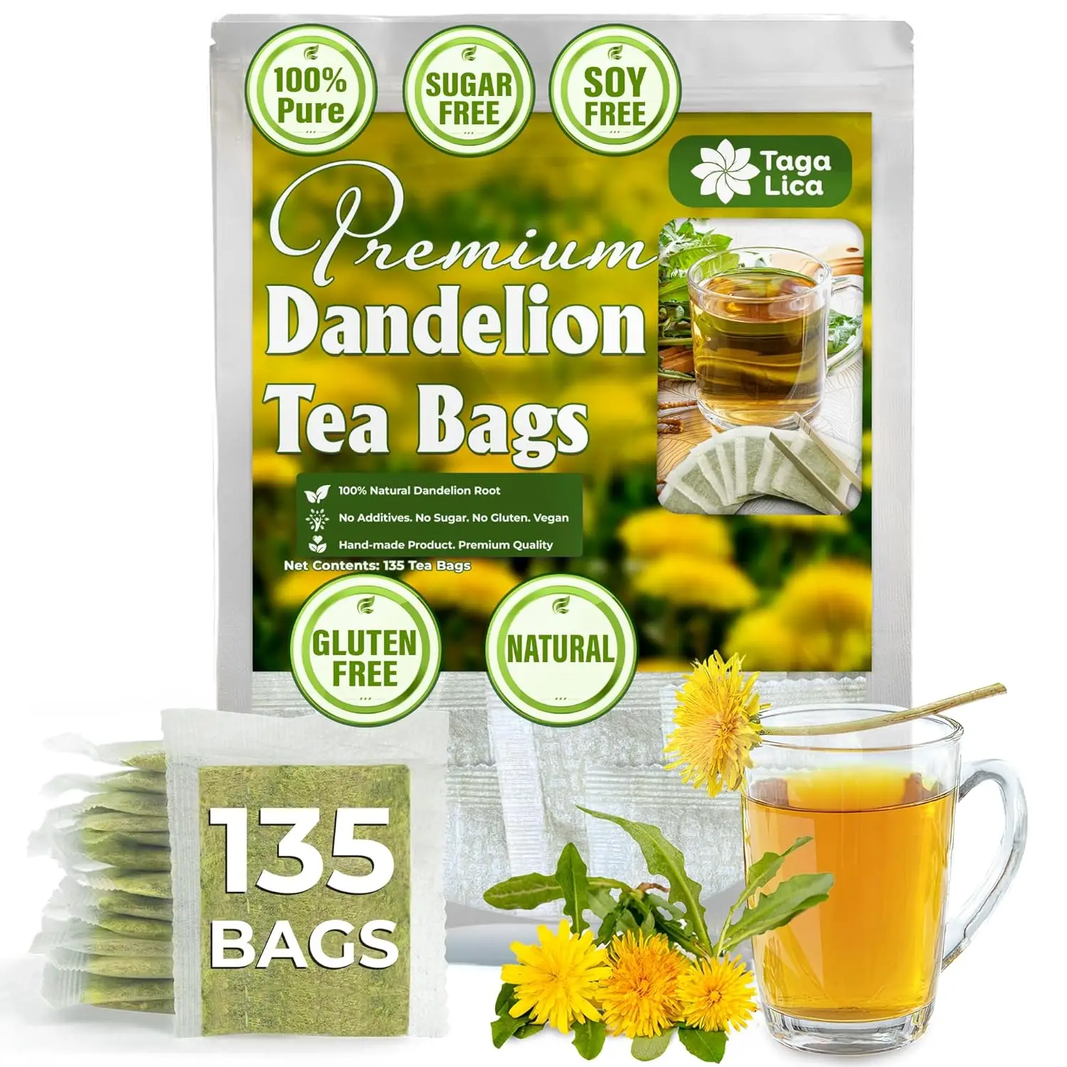 135 Tea Bags Premium Dandelion Root, 100% Natural & Pure from Dandelion Root, Eco-Conscious Tea Bags, Dandelion Tea, Dandelion Root Herbal Tea. Dandel