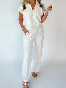 Women's 2 Piece Matching Set - Casual Half Zip Polo Top and Wide Leg Pants Lounge Set