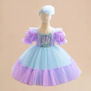 3-7Y Blue 018 Cartoon Cosplay Costume Fancy Carnival Kids Clothes Performance Princess Theme Party Holiday Girls Puff Sleeve Mesh Beading Ball Gown Children Cocktail Dress
