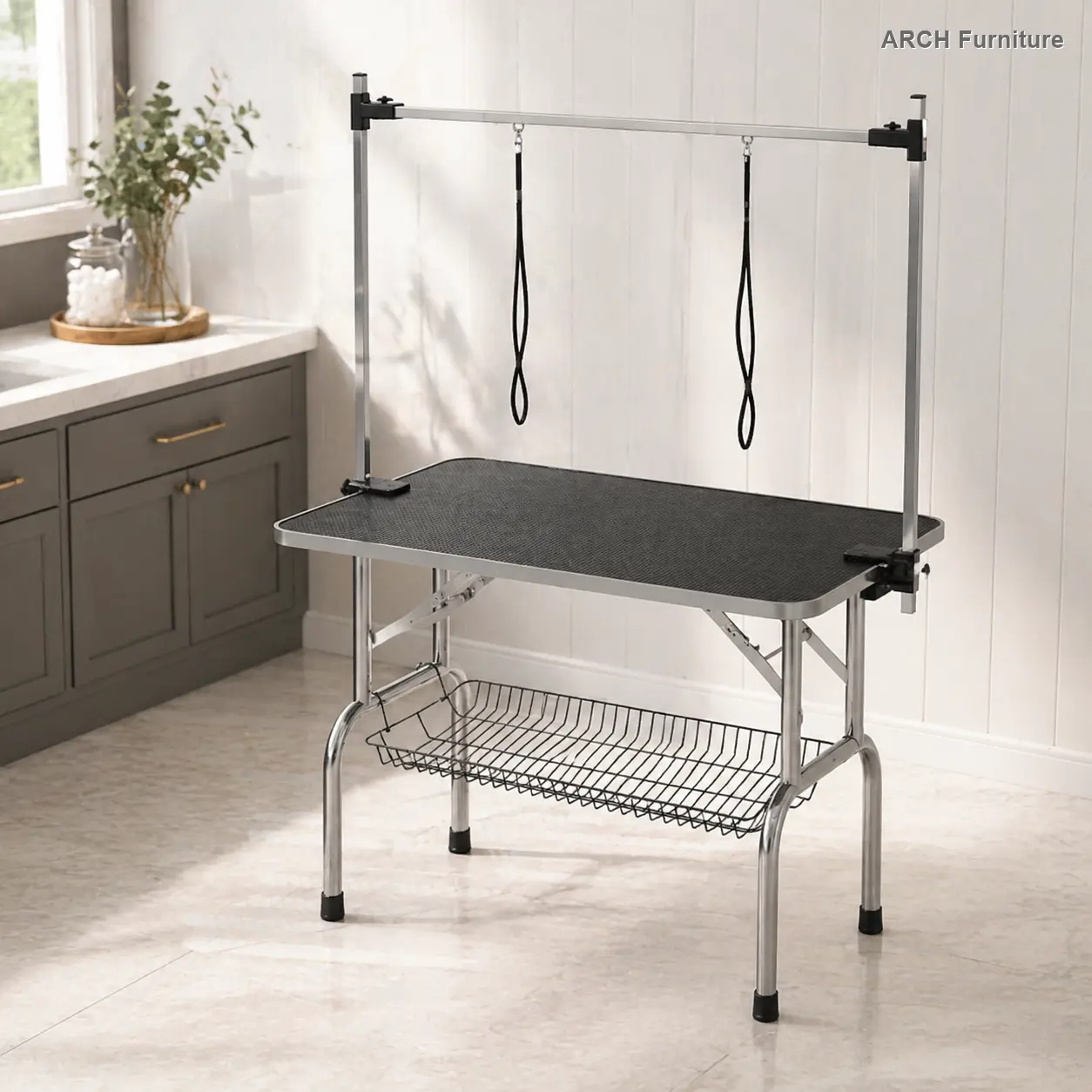 36 in Heavy-Duty Portable Professional Dog Grooming Table - Stainless Steel Adjustable Arm, Rubber Noose, Ribbed Surface, Secure Clamping, Easy-Clean Mesh Tray, 300lbs Capacity, 31lbs Weight, High Stability, Solid Construction, 36 Inch, Metal