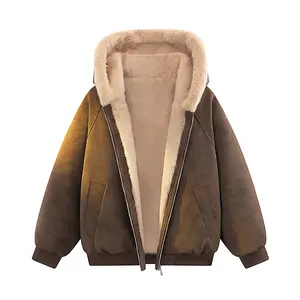 Winter Lychee Pattern Leather Hooded PU Jacket Unisex Fleece Lined Thickened Leather Fur Collar Cotton Coat for Chilly Days