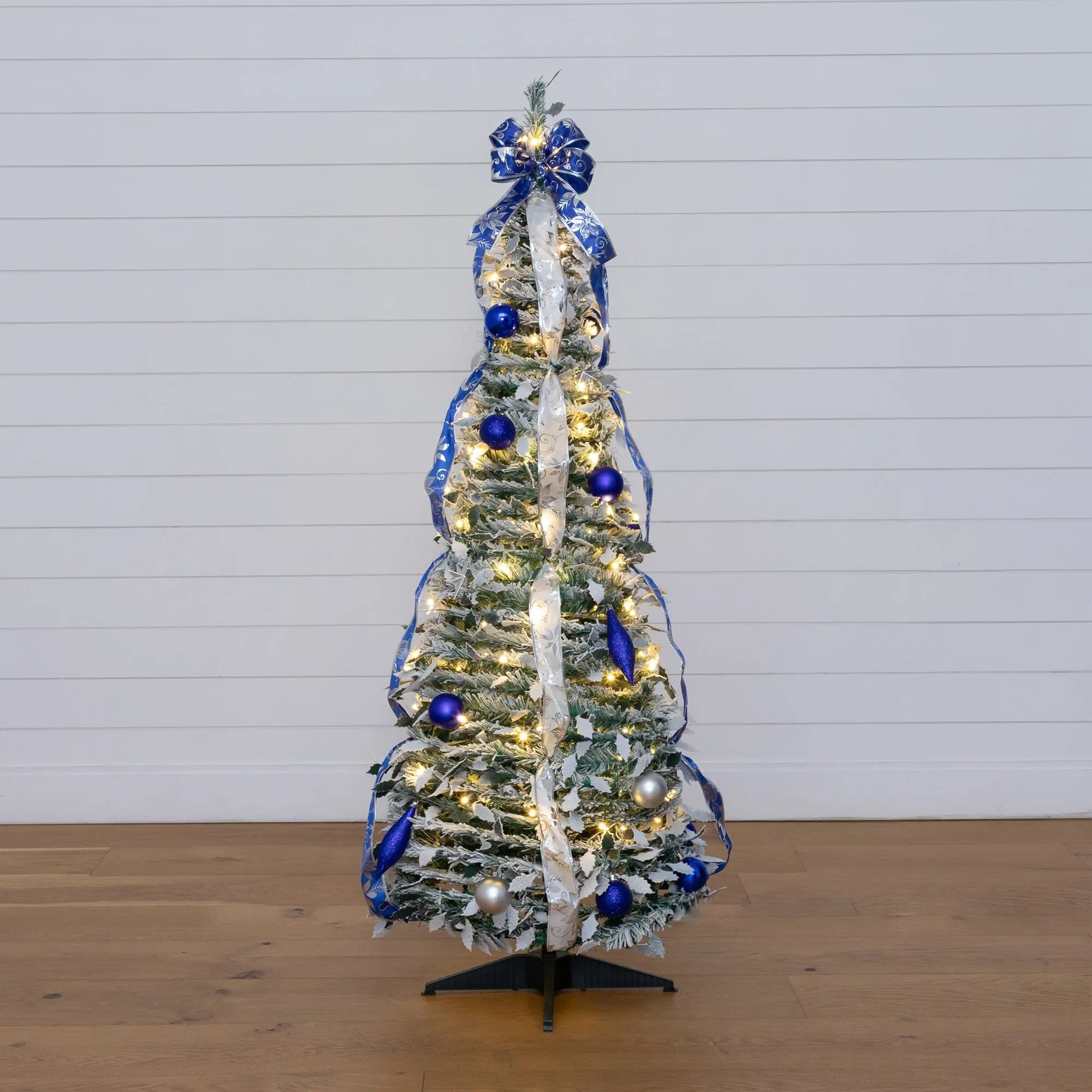 5ft Pre-Lit Flocked Artificial Pop-Up Christmas Tree Decor - LED Lighted Colorful Christmas Home Decoration with 100 Warm White LEDs, Silver Ornaments, Blue Ornaments, Ribbons for Holiday Room Use, Room Decor