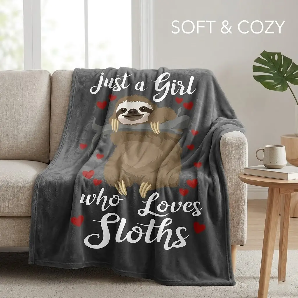SlothVibe Flannel Blanket | Just a Girl Who Loves Sloths Pattern Blanket, 1 Count Soft Cozy Warm Throw, Air-conditioned Room Nap Blanket for Home Office Travel Cute Animal Print Gift