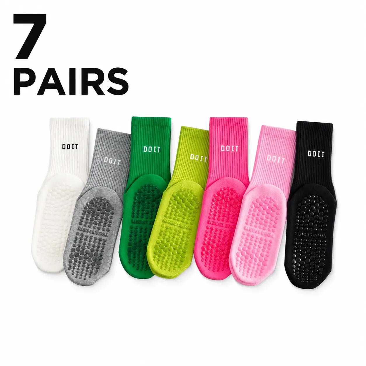 WonderFold Women's 7-Pack Non-Slip Grip Polyester Blend Breathable All Seasons Athletic Crew Socks, for Female Adults' Yoga/Pilates, 1 Size Fits Workout/Home Use