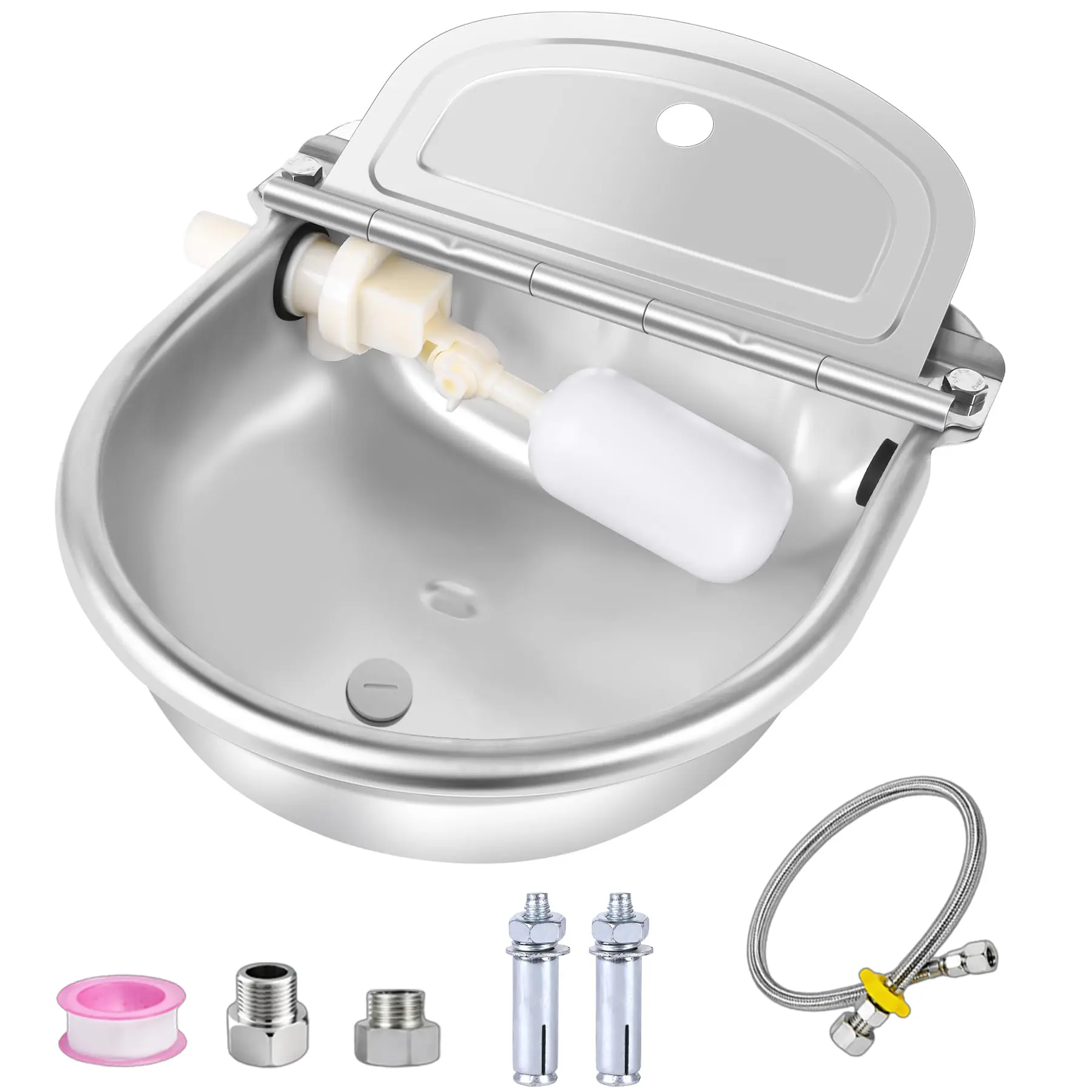 Automatic Animal Drinking Water Bowl for Dog Stainless Steel Waterer Feeder Farm Dog Dispenser Kit Self Filling for Livestock Horse Goat Water Trough with Float Valve Drain Hole Hose Adapter Bolts