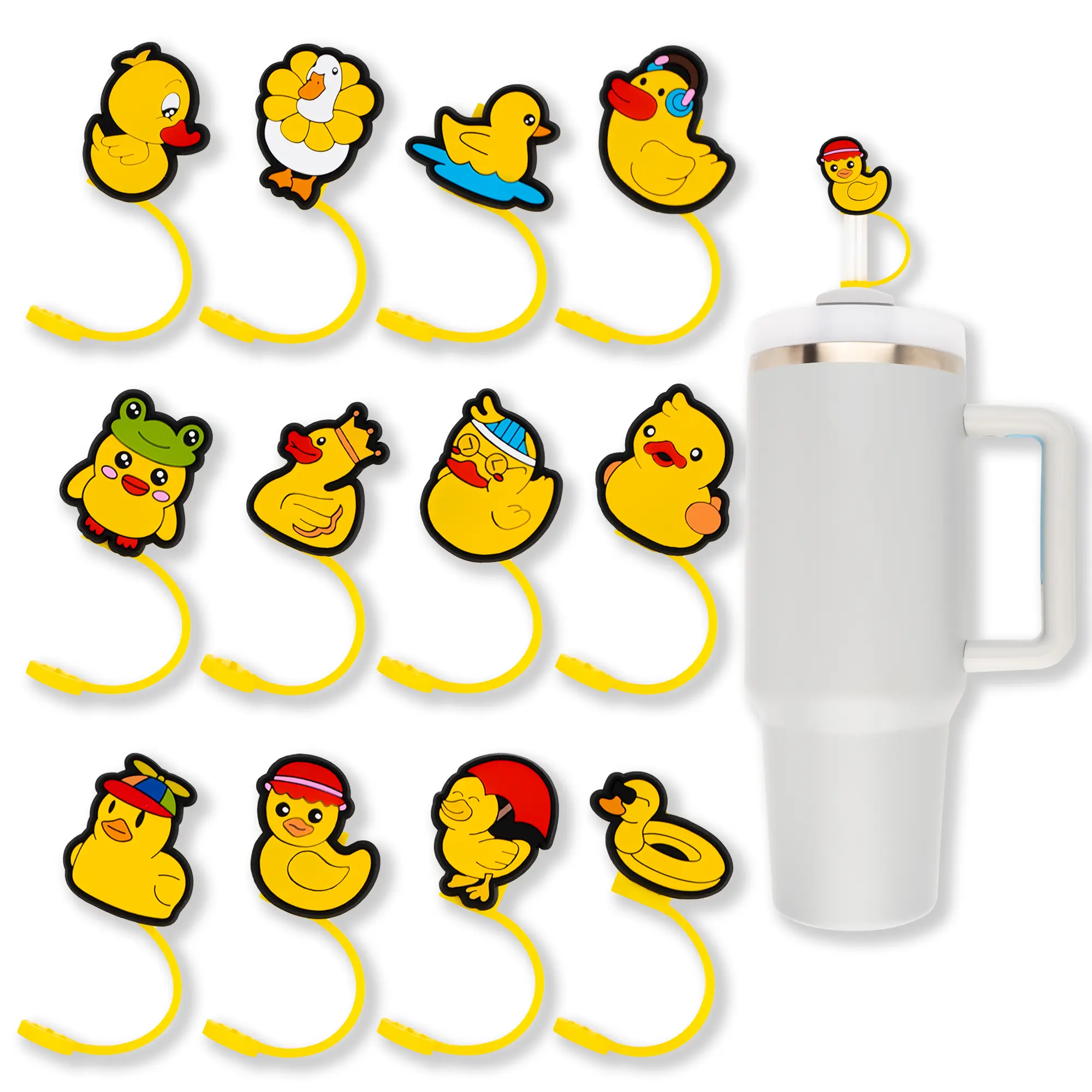 Duck Straw Covers Topper 12PCS Duck PVC Clog Pins Accessories Party Favors Birthday Gifts Holidays Decoration for Boys Women Girls