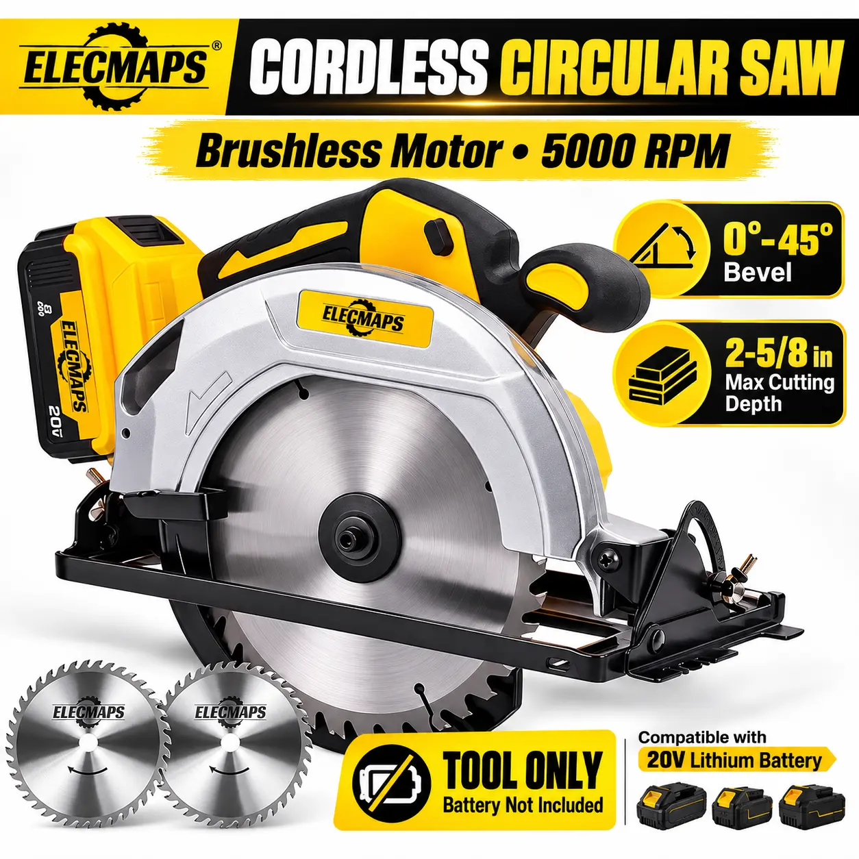 ELECMAPS 7-1/4 Inch Cordless Circular Saw, Compatible with DEWALT 20V MAX Batteries, 5500 RPM High Speed, 2-5/8 Inch Max Cutting Depth, 0-50° Adjustable Bevel, Portable Electric Power Saw for Woodworking, Home DIY & Jobsite Projects