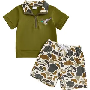 Baby Boy 2-Piece Summer Clothes Set - Camouflage Quarter-Zip Short-Sleeve Shirt, Lightweight Animal-Print Shorts, Animals-Themed Outfit