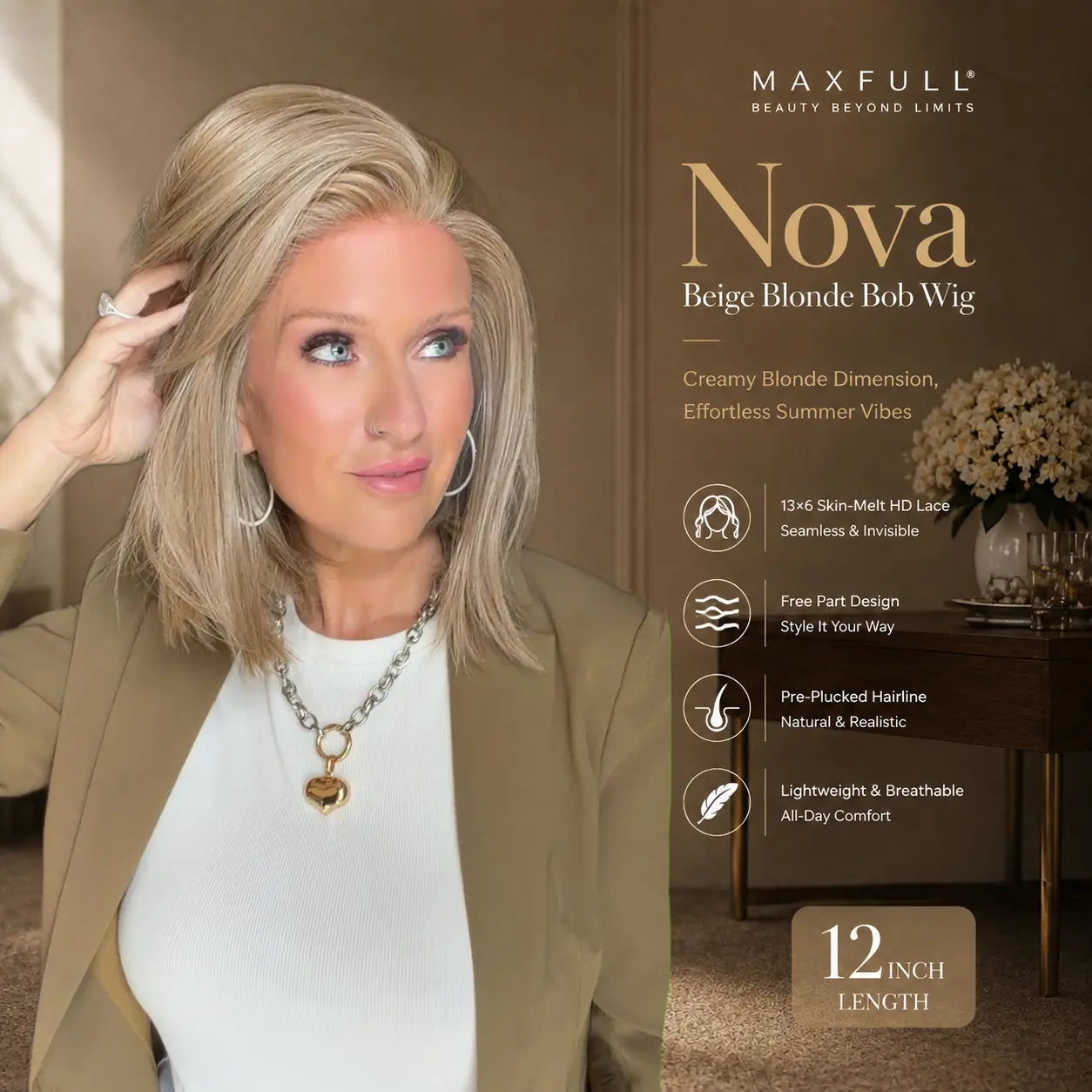 Nova - MaxFull Beige Blonde Bob Wig | Creamy Blonde Dimension, 12 inches, 13×6 Skin-Melt HD Lace Front, Free Part, Pre-Plucked Natural Hairline, Summer Vibe Wig