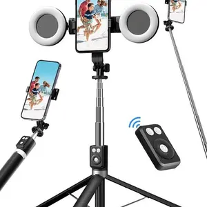 6-in-1 Selfie Tripod with Dual Fill Lights & Wireless Remote Portable Adjustable Phone Stand Detachable 360° Compact Travel Tripod for Live Broadcasts & Outdoor Adventures Android Bluetooth Expandable Smartphone Cellphone Stick Cable Steel, Accessories, D